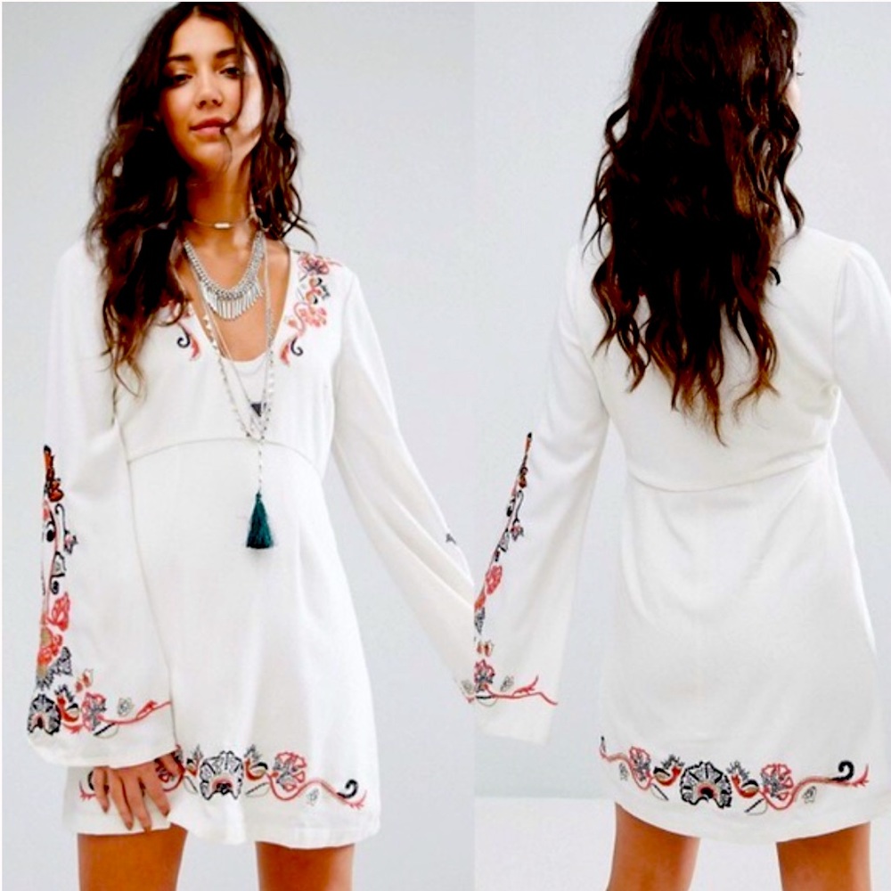 Free People - Boho Embroidered Ivory Mini Dress